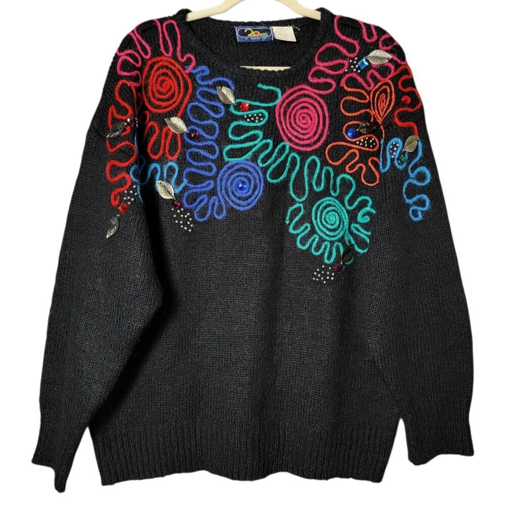 VTG 20 ANS Mariea Kim Womens 80s Retro Artsy Abstract Embroidered Sweater Medium